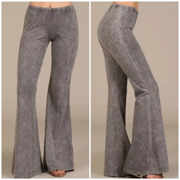 Taupe Gray Boho Mineral Wash Flared Stretch Pants - Picture 1 of 6